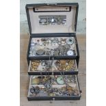 A jewellery box and contents including hallmarked silver, yellow metal, costume jewellery,