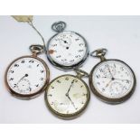 Three Omega pocket watches and an Omega stopwatch, including a chronometer and one cased marked 0.