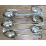 A group of six assorted silver basting spoons comprising: one 18th century Georgian marks rubbed,