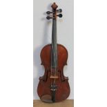 An antique violin, two piece back, length 360mm, two bows and hard case. Condition - good, no