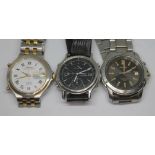 Three Seiko stainless steel quartz wristwatches comprising an Alarm SQ50 Auto Calendar 6M26-8030,