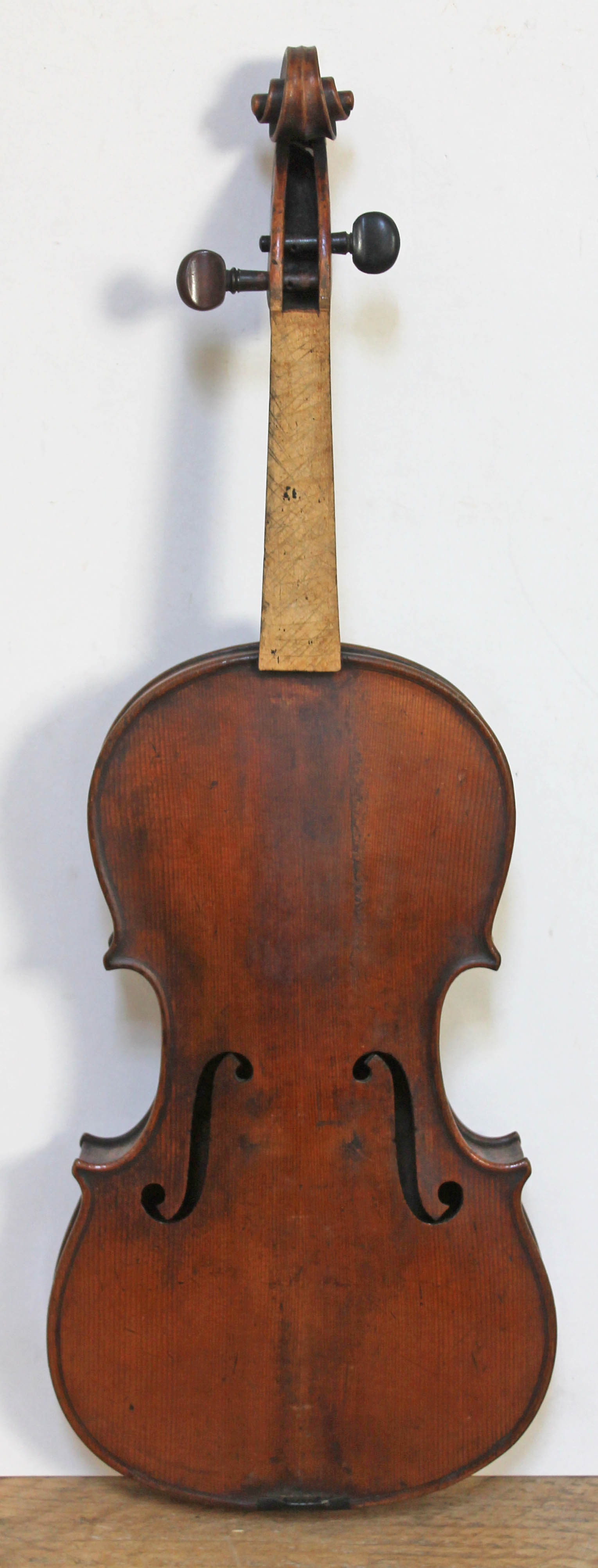 An antique violin, two piece back, length 357mm, with wooden case. Condition - broken below