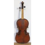 An antique violin, two piece back, length 357mm, with wooden case. Condition - broken below