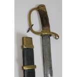 A Russian Imperial shaska, blade length 84.5cm, leather and brass bound wooden scabbard with bayonet