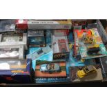 A box of mainly boxed cars, including James Bond etc, and a Marks & Spencer "Build your own Space