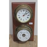 A Foster Callear quartz clock and barometer mounted on wooden wall plaque.