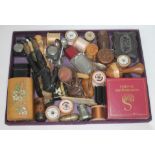 A box of bric a brac including treen, portrait miniatures, ink wells, souvenir spoons etc.