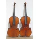 Two violins, each with two piece backs, lengths 356mm & 359mm.