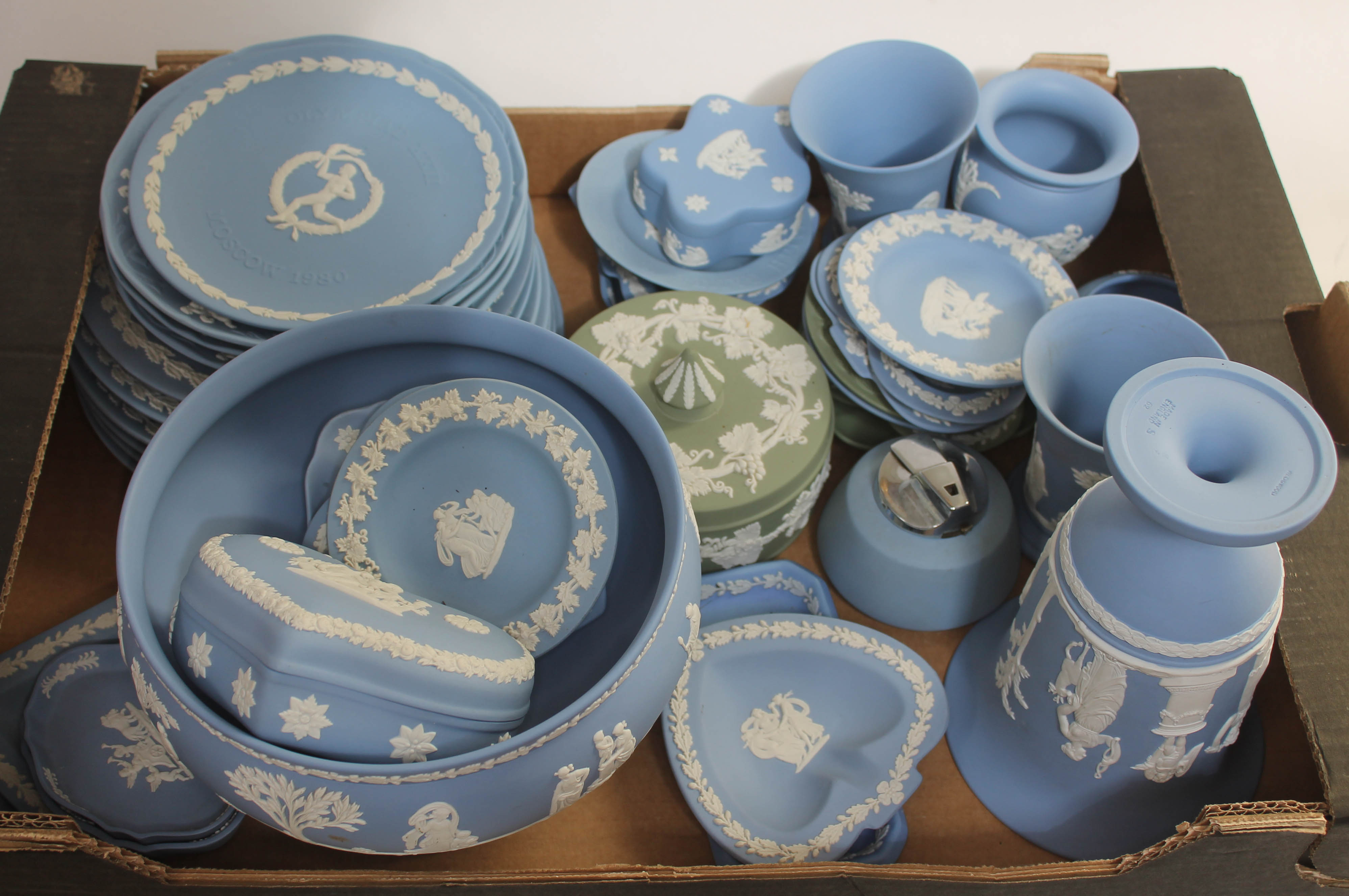 A quantity of Wedgwood Jasper ware, approx. 40 pieces including vases, plates, pedestal bowl etc.