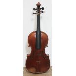 A Strad copy violin, two piece back, length 360mm, bearing label, with wooden case.