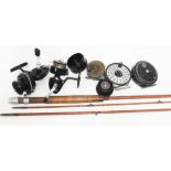 An Alcocks popular split cane fishing rod and various reels including Daiwa, Alcock's "Gilmour",