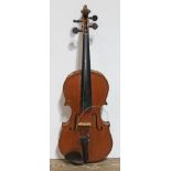 A violin circa 1900, two piece back, length 361mm, with hard case.