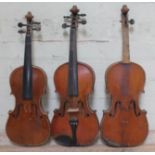 A group of three violins, lengths 340mm, 354mm & 363mm (from left to right in image).