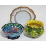 Three pieces of pottery comprising a Bretby jardiniere, a Mailing lustre bowl and a Spode china