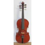 A violin, two piece back, length 361mm, with bow and hard case.