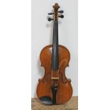 A student viola, labelled 'Berini', length 394mm, with bow.