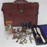 A mixed lot comprising various silver plated ware, a leather cased bottle set, a pair of opera