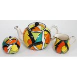 A limited edition Clarice Cliff style three piece 'Jazz' pattern pottery tea set by Marie Graves.