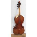 A violin, two piece back, length 356mm, with wooden case.