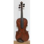 A violin circa 1900, two piece back, length 353mm, stamped 'HOPF' below button, with wooden case.