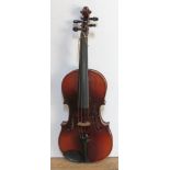 A student violin circa 1900, back length 364mm, with wooden case.