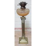 A Hinks & Sons brass Corinthian column oil lamp with cut glass reservoir, height 61cm.