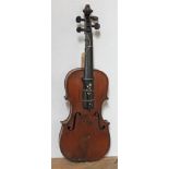 A violin, two piece back, length 356mm, stamped 'HOPF' below button, with wooden case.