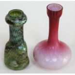 A Loetz style glass vase and an opaque pink and white vase, height approx. 18.5cm.