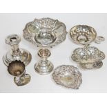 A mixed lot of hallmarked silver and metal wear including an Art Nouveau egg cup, small dishes etc.