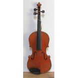 A student violin circa 1900, back length 357mm, with hard case.