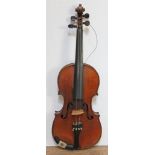 A Strad copy violin, back length 360mm, with two bows and hard case.