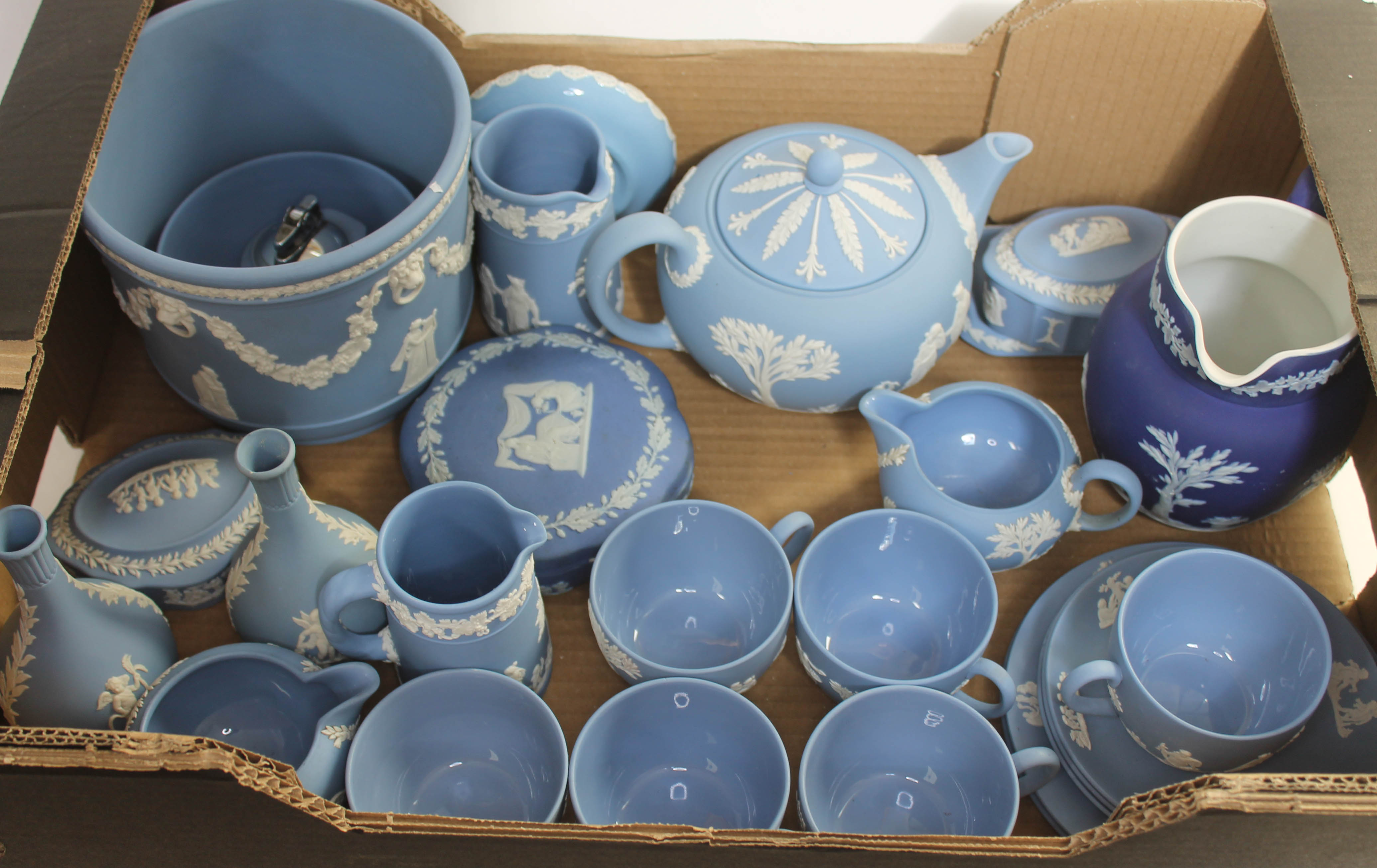Wedgwood blue Jasper ware, approx. 27 pieces, including a teapot, cups and saucers, jardiniere etc.