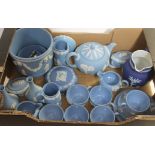 Wedgwood blue Jasper ware, approx. 27 pieces, including a teapot, cups and saucers, jardiniere etc.