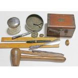 A mixed lot including a wooden mallet, three rules, a hallmarked silver topped jar, a shoe horn