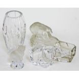 A WMF frosted glass bear together with two other glass animal ornaments and a cut glass vase.