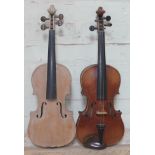 Two violins, the larger one stripped, lengths 361mm & 358mm.