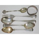 A quantity of hallmarked silver comprising a Victorian christening spoon and fork, a serviette