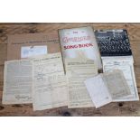 WWI Cheshire memorabilia comprising soldiers discharge papers, songbook, regimental photograph.