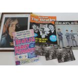 The Beatles ephemera comprising a flyer, three photographic prints, a magazine and a print depicting