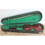 A Maidstone violin, back length 333mm, with bow and wooden case.