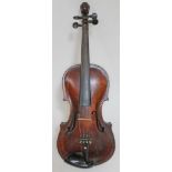 A German violin circa 1900 with carved scroll, length of back 36cm, with case.