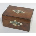 A Victorian walnut sewing box with mother of pearl and abalone inlay, lengthb 27.5cm.
