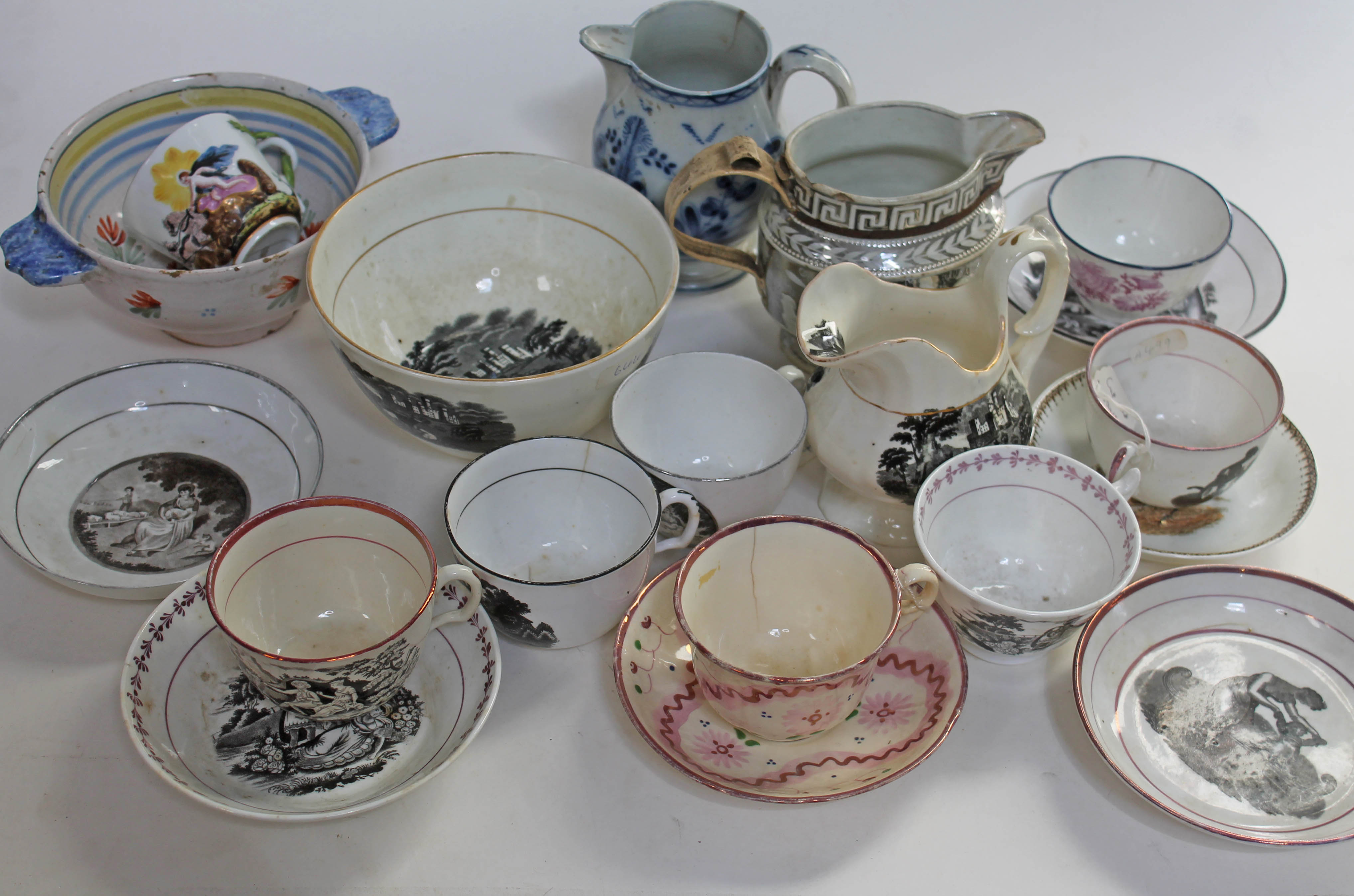 A quantity of mainly 19th century pottery including Black Bat pattern, Sunderland lustre etc.