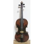 An Amatus copy violin, one piece back, length 362mm, bearing interior label, with wooden case.