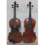 Two Strad copy violins, one marked 'AS' below button, both bearing label, length 359mm each.