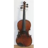 A Strad copy violin, bearing label, back length 336mm, with wooden case.