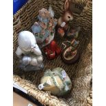 A basket containing a good selection of ceramics including two Victorian cottage incense burners