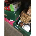 Three boxes of mixed items, toys, bric a brac, baskets, etc