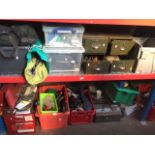 9 boxes, 2 green drawers, a large red toolbox and a small toolbox full of various tools. - middle