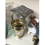 A plated bucket vase and a pierced metal posie holder